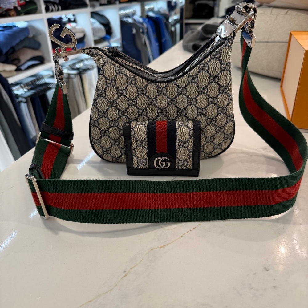 Gucci Beige GG Canvas Shoulder Bag with Green and Red Web Strap